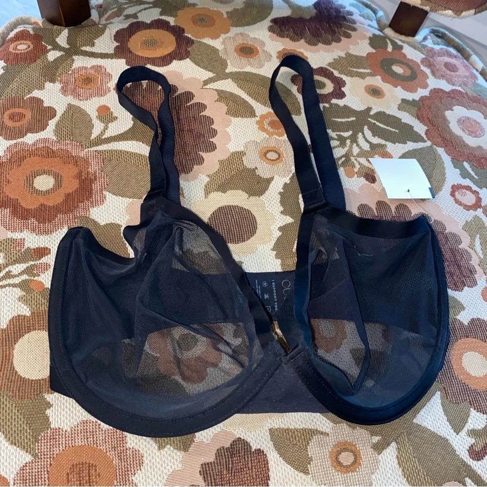 NEW CUUP The Plunge Sheer Bra Black Mesh Underwire Demi Bralette 14K Gold Detail